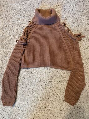 Women’s cropped Turtleneck Cold-Shoulder Knit Sweater in Brown- small